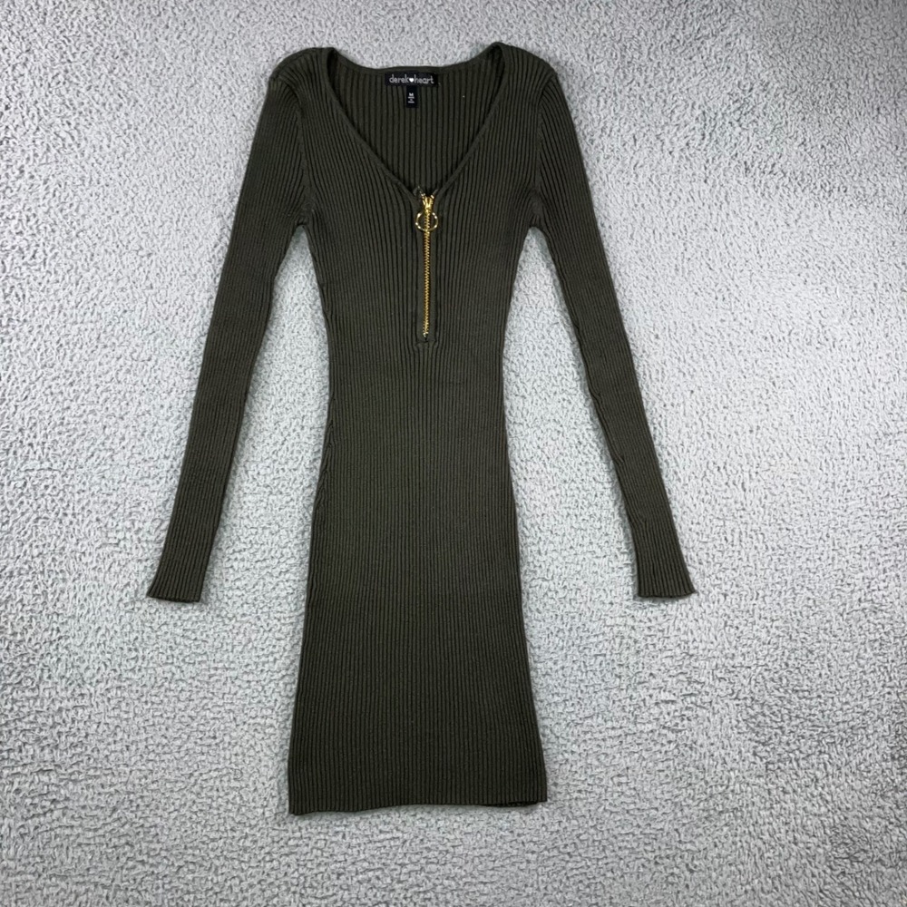 Derek Heart Ribbed Long Sleeve Bodycon Mini‎ Dress Women Medium Olive Green